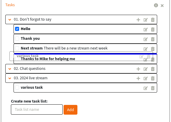 Screenshot aplikace úkolů. Jeden úkol je přetažen přes jiný.